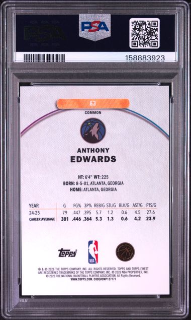 2025 TOPPS FINEST #63 ANTHONY EDWARDS GREEN REFRACTOR PSA 10