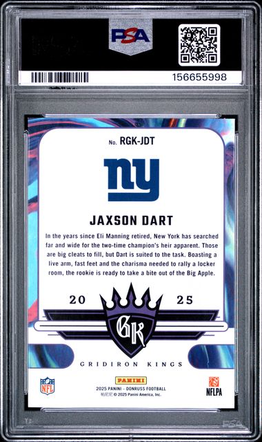 2025 Panini Donruss Jaxson Dart Rookie Gridiron Kings #RGK-JDT RC Giants PSA 10
