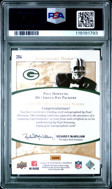 2009 UPPER DECK HEROES #204 PAUL HORNUNG AUTOGRAPH-GOLD PSA 8