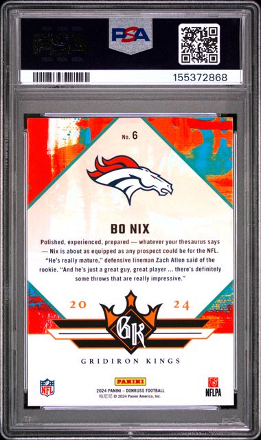 2024 PANINI DONRUSS ROOKIE GRIDIRON KINGS #6 BO NIX PSA 8