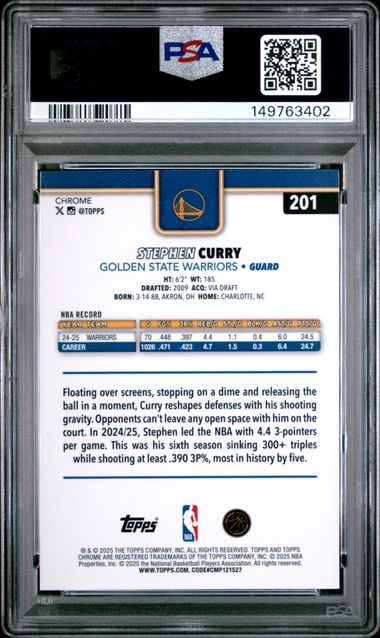 2025 TOPPS CHROME #201 STEPHEN CURRY MAGENTA REFRACTOR PSA 9