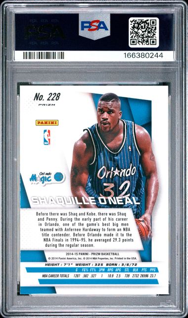 2014 PANINI PRIZM #228 SHAQUILLE O'NEAL BLUE & GREEN MOSAIC PRIZM PSA 10 JR9272-117