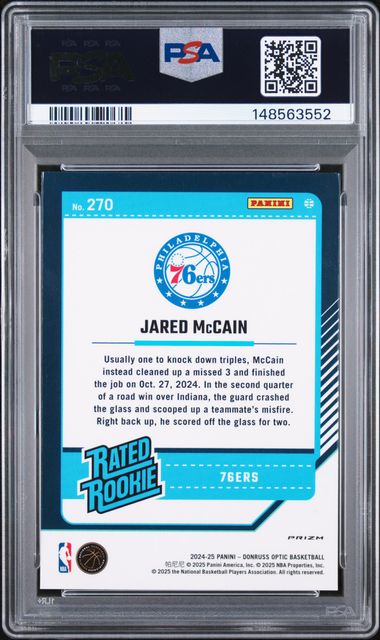 2024 Panini Donruss Optic Jared McCain Hyper Pink Prizm #270 RC Rated Rookie 76ers PSA 10