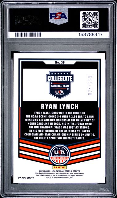 2026 PANINI USA BASEBALL STARS & STRIPES PRIZM #59 RYAN LYNCH BLUE PRIZM PSA 9 SC4