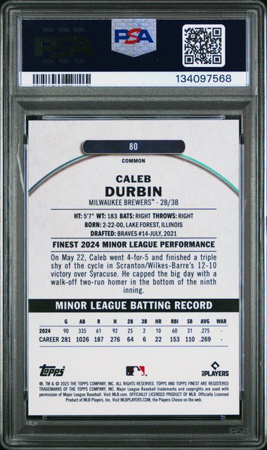 2025 Topps Finest Caleb Durbin Oil Spill Refractor RC #80 PSA 10