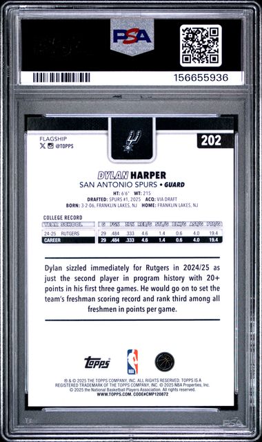 2025-26 Topps Dylan Harper Topps Foil Pattern #202 RC Spurs PSA 9