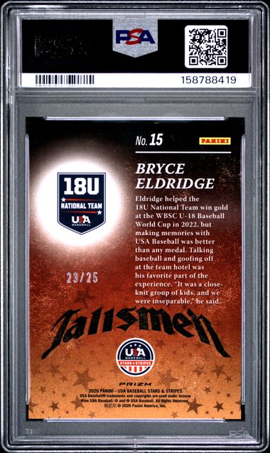 2026 PANINI STARS & STRIPES USA PRIZM TALISMEN #15 BRYCE ELDRIDGE TALISMEN-MOJO PSA 9 SC4