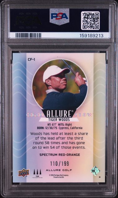 2026 UPPER DECK ALLURE GOLF COLOR FLOW #CF-1 TIGER WOODS COLOR FLOW-SPCT RED-ORANGE PSA 9