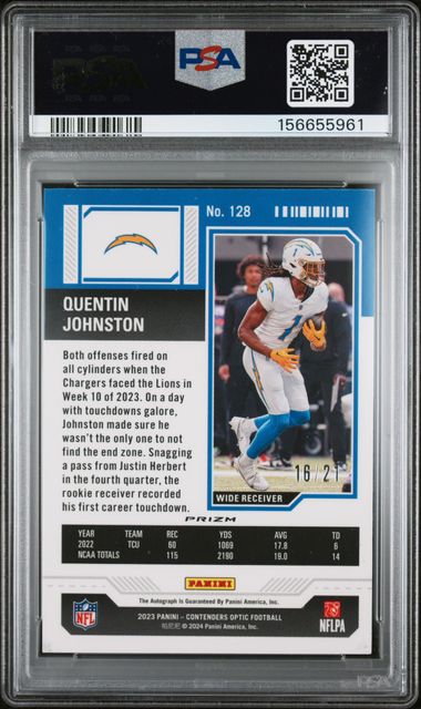 2023 Panini Contenders Optic Quentin Johnston Purple Pulsar /21 #128 Rookie Ticket Auto RC Chargers PSA 9