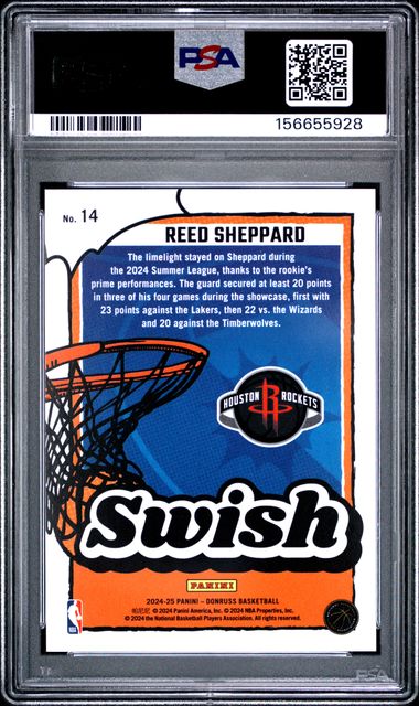 2024 Panini Donruss Reed Sheppard Swish International Red Fireworks /55 #14 RC Rockets PSA 10