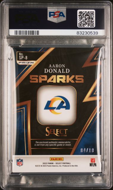 2022 PANINI SELECT SPARKS RELICS #SP8 AARON DONALD SPARKS RELICS-GOLD PRIZM PSA 9 SC2
