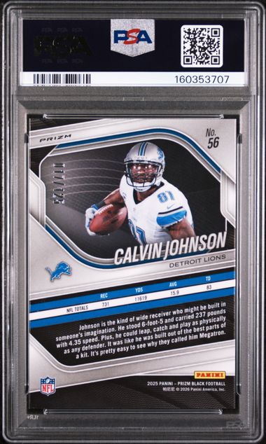 2025 PANINI PRIZM BLACK #56 CALVIN JOHNSON BLUE ICE PSA 10 SC2