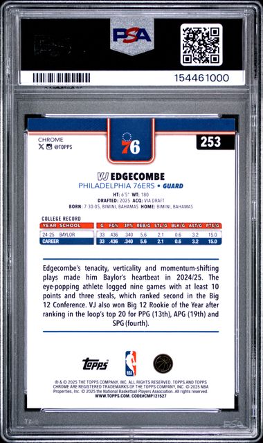 2025 TOPPS CHROME #253 VJ EDGECOMBE X-FRACTOR PSA 10 SC5