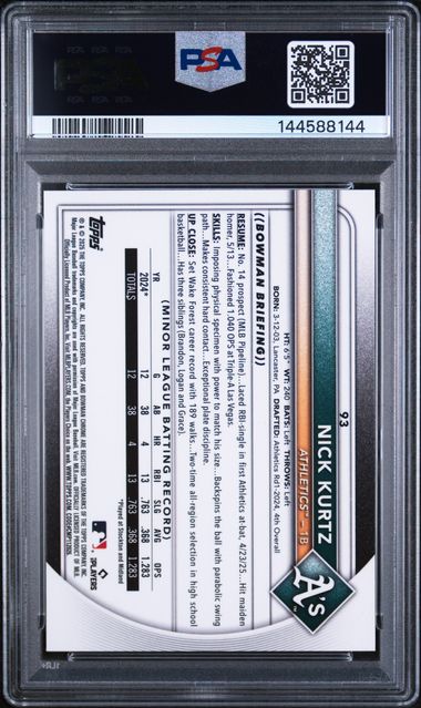 2025 BOWMAN CHROME #93 NICK KURTZ YELLOW REFRACTOR PSA 9 SC4