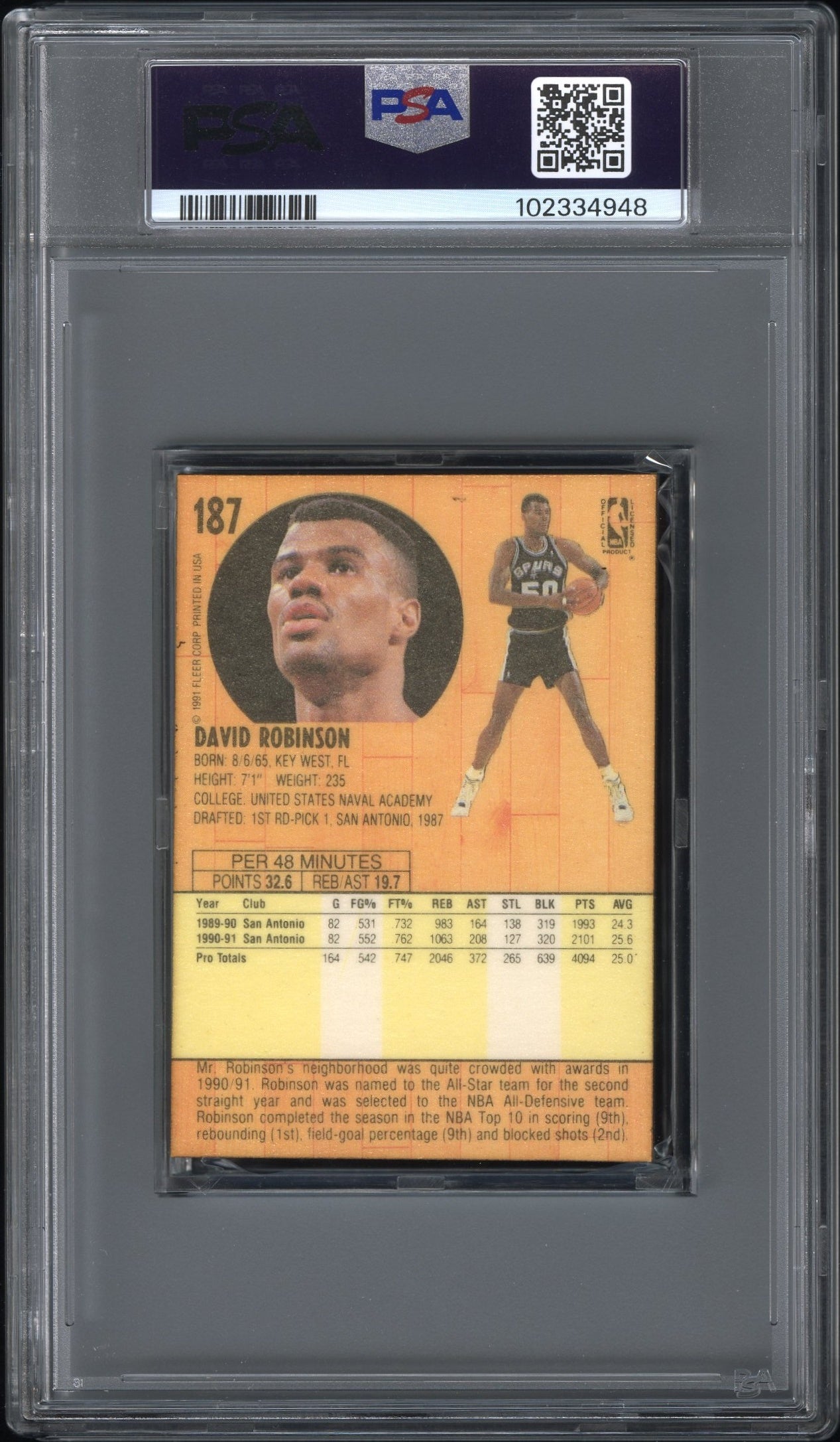 1991 Fleer David Robinson 3-D Wrapper Redemption #187 PSA 7