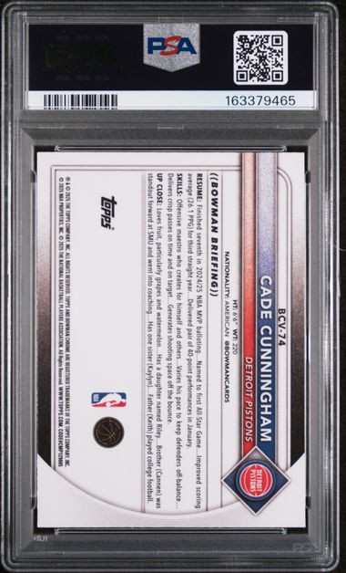 2025 BOWMAN #BCV-74 CADE CUNNINGHAM CHROME-BLUE REFRACTOR PSA 9