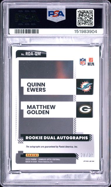 2025 PANINI DONRUSS OPTIC ROOKIE DUAL AUTOGRAPHS #QM EWERS/GOLDEN PSA 10 SC2