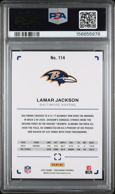 2025 Panini Photogenic Lamar Jackson Horizontal Maroon FOTL /7 #114 Ravens PSA 8