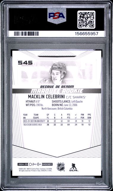 2024-25 O-Pee-Chee Macklin Celebrini #545 RC Marquee Rookie San Jose Sharks PSA 10