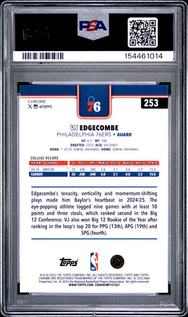 2025 TOPPS CHROME #253 VJ EDGECOMBE PRISM REFRACTOR PSA 10 SC5