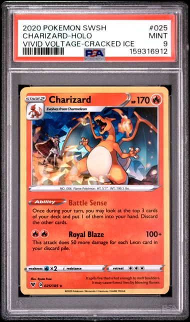 2020 POKEMON SWORD & SHIELD VIVID VOLTAGE #025 CHARIZARD-HOLO VIVID VOLTAGE-CRACKED ICE PSA 9