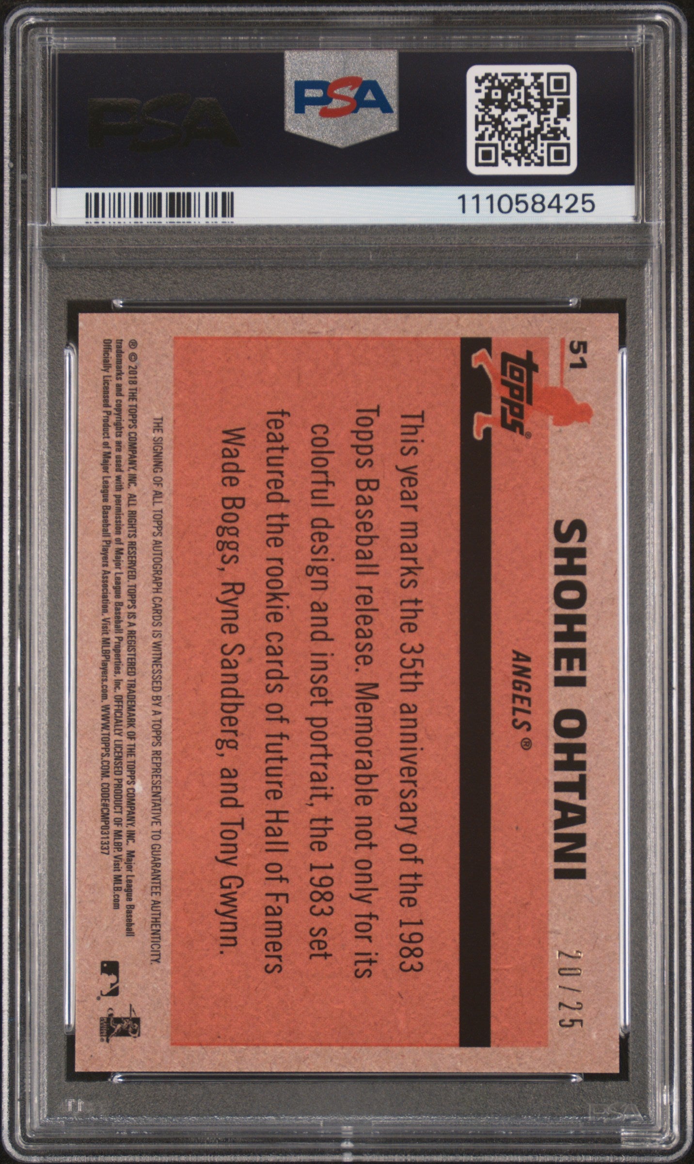 2018 Topps Silver Pack Shohei Ohtani 1983 Chrome Promo Auto 20/25 #51 PSA 9