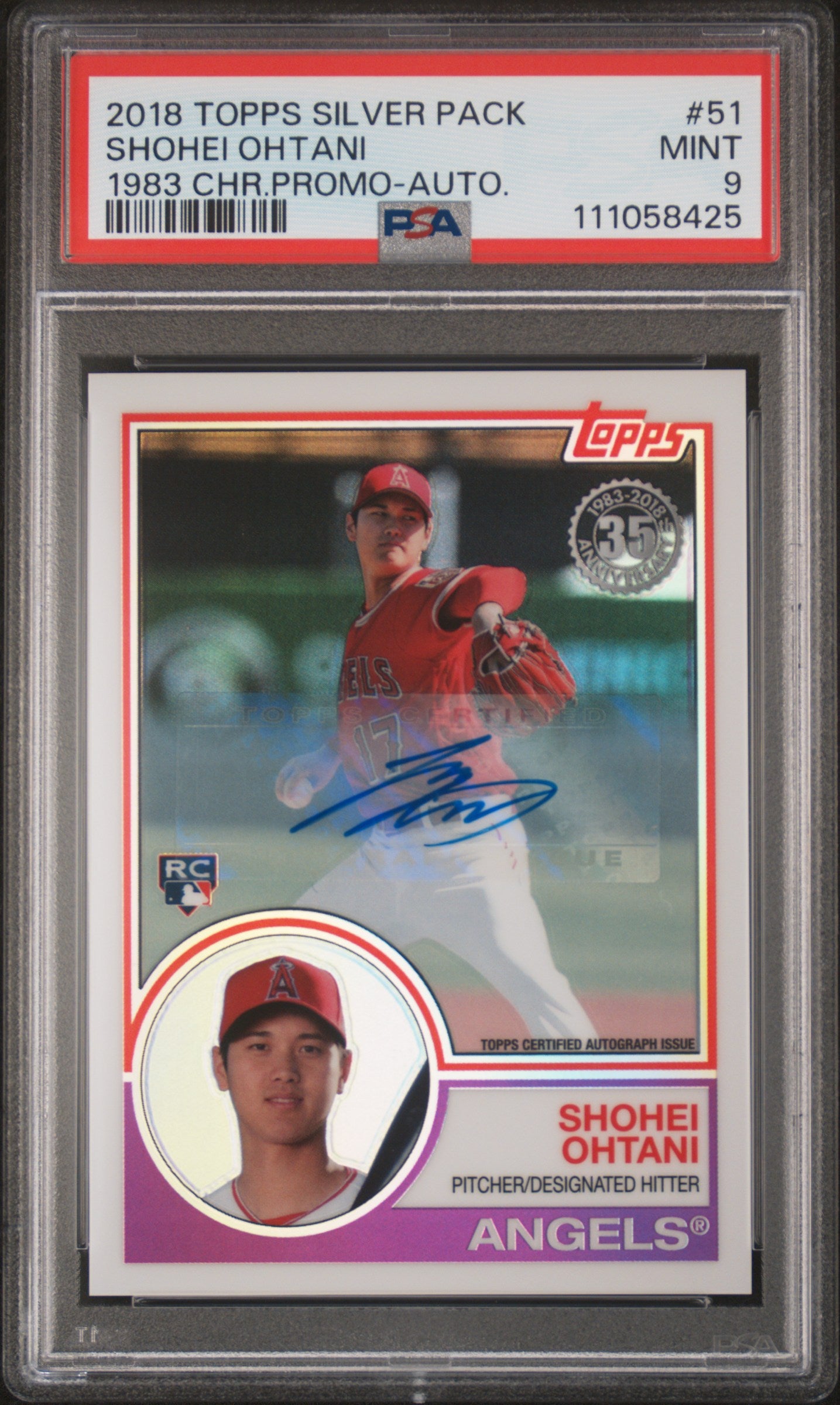 2018 Topps Silver Pack Shohei Ohtani 1983 Chrome Promo Auto 20/25 #51 PSA 9