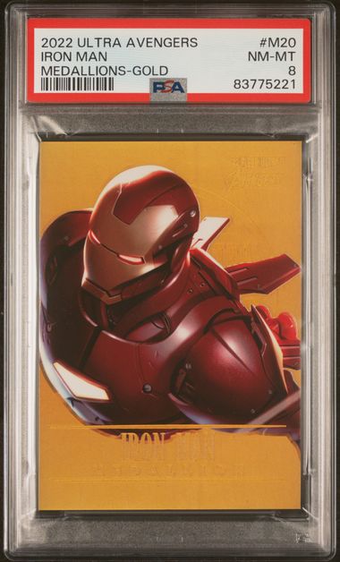 2022 FLEER ULTRA AVENGERS MEDALLIONS #M20 IRON MAN MEDALLIONS-GOLD PSA 8 SC7