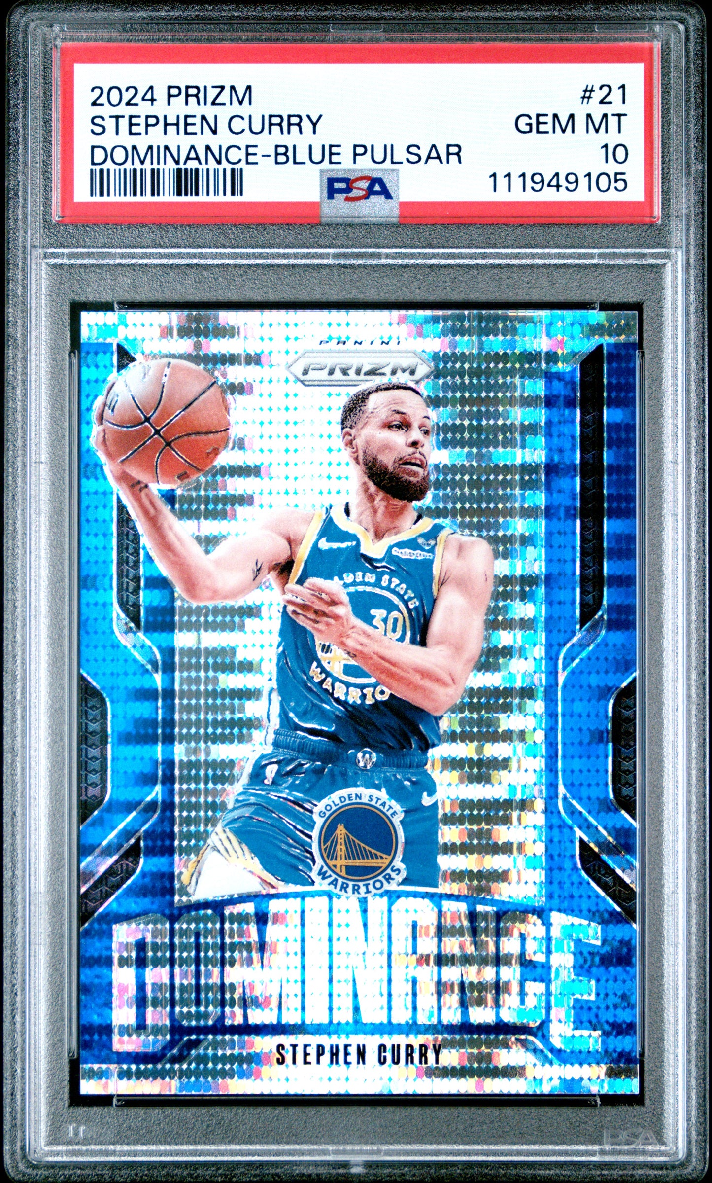 2024 Panini Prizm Basketball Stephen Curry Dominance Blue Pulsar 49/99 #21 PSA 10