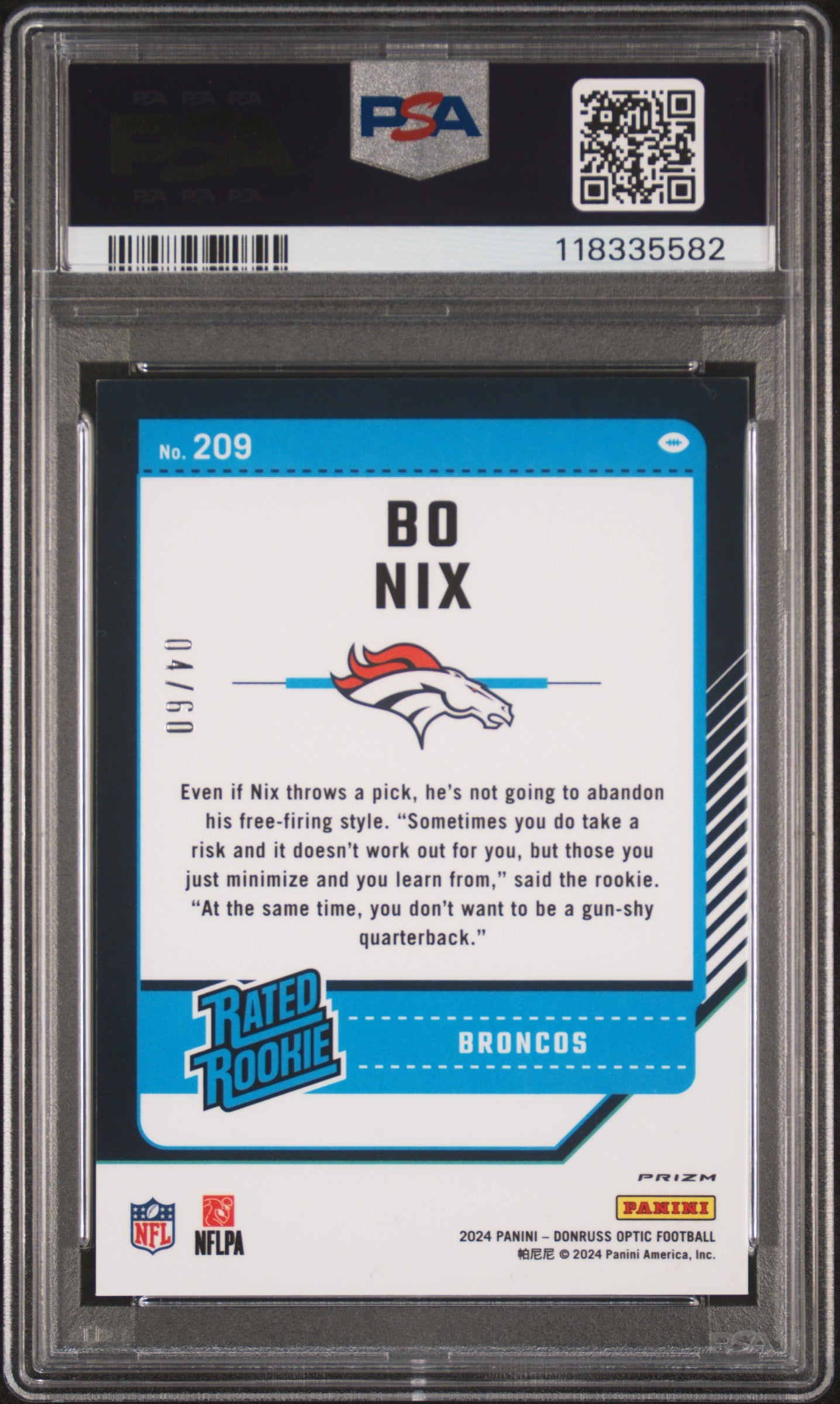 2024 Donruss Optic Bo Nix Purple Rated Rookie 04/60 #209 PSA 9