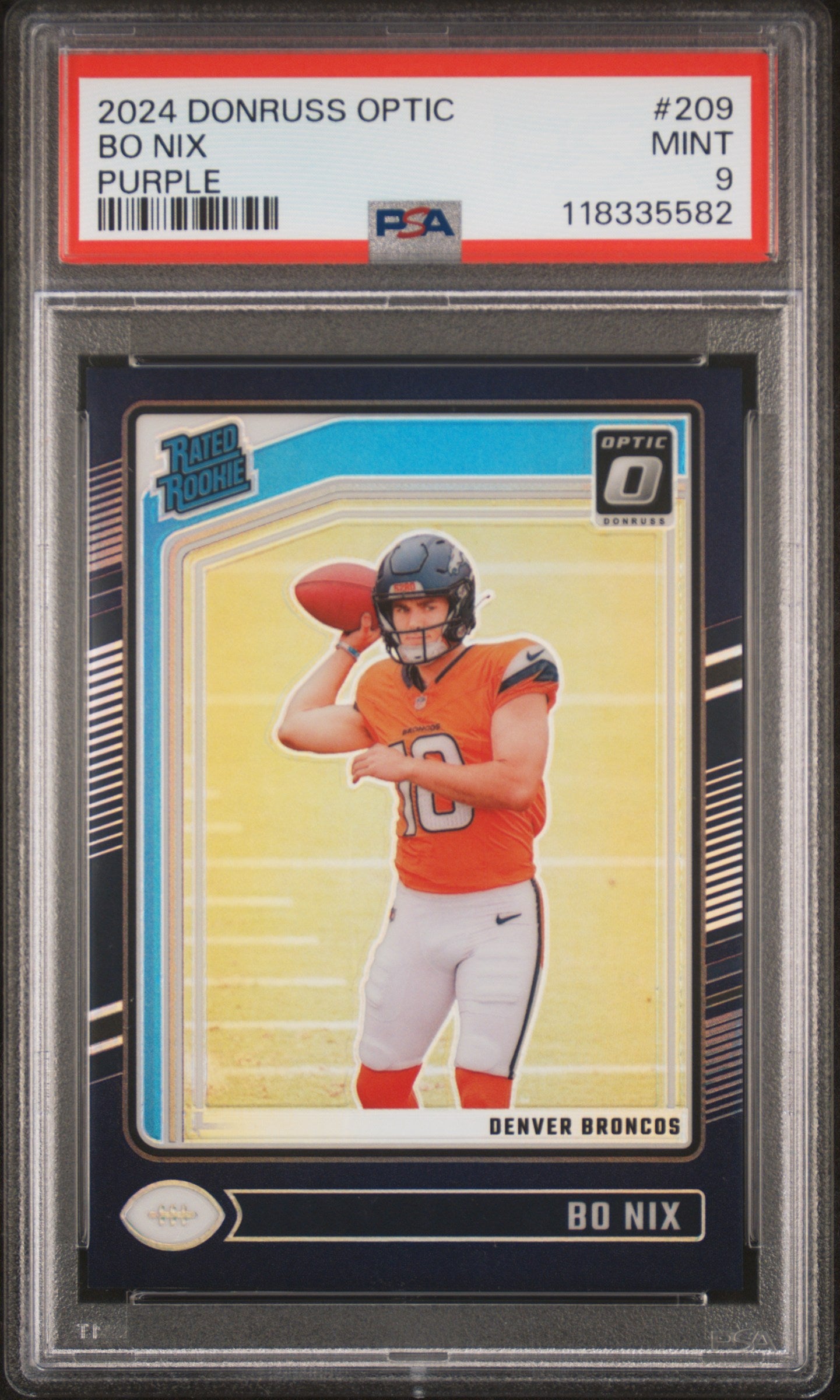 2024 Donruss Optic Bo Nix Purple Rated Rookie 04/60 #209 PSA 9