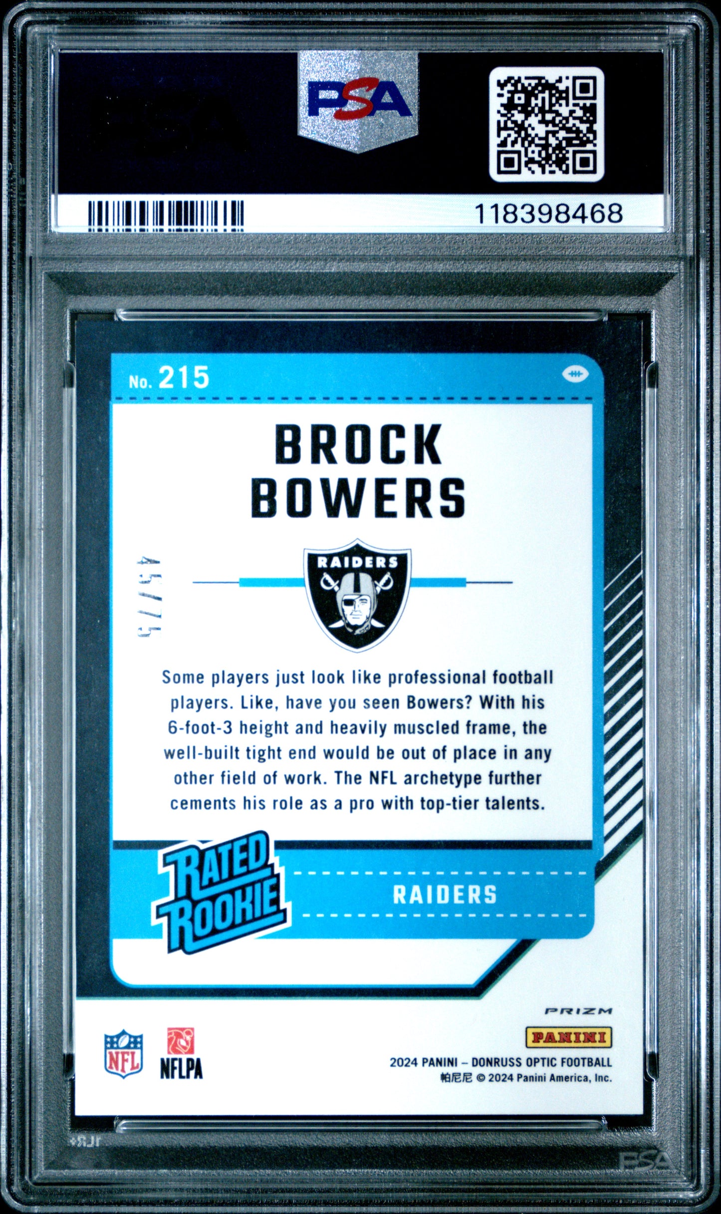 2024 Donruss Optic Brock Bowers Electricity Rated Rookie 45/75 #215 PSA 9