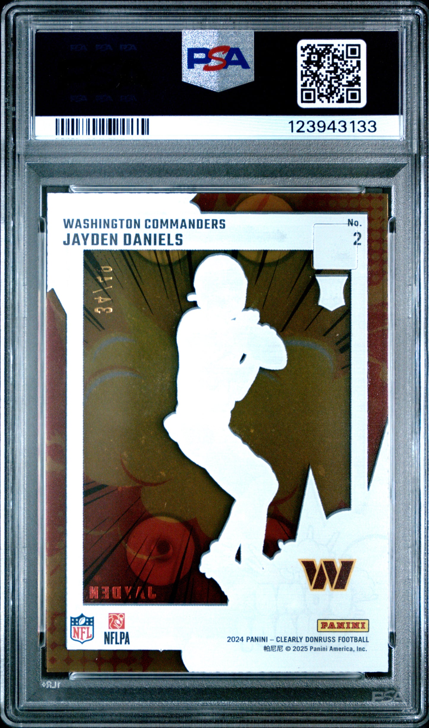 2024 Clearly Donruss Jayden Daniels Bomb Squad Blue 34/49 RC #2 PSA 9