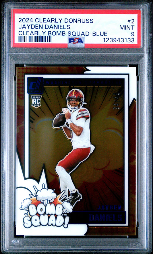 2024 Clearly Donruss Jayden Daniels Bomb Squad Blue 34/49 RC #2 PSA 9
