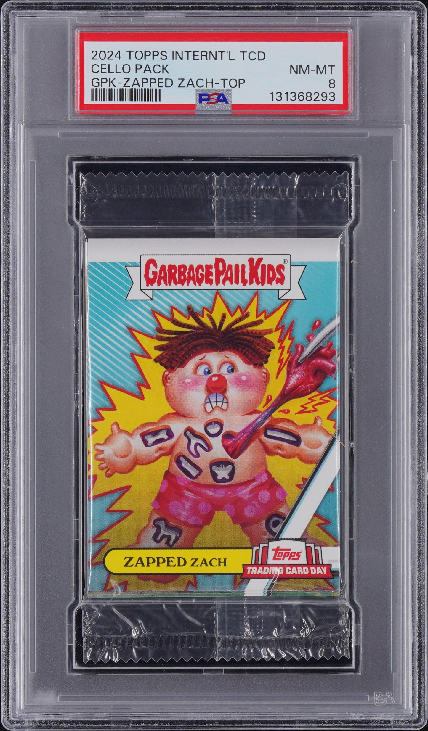 2024 Topps Trading Card Day Garbage Pail Kids Graded Cello Pack - Zapped Zach Top PSA 8