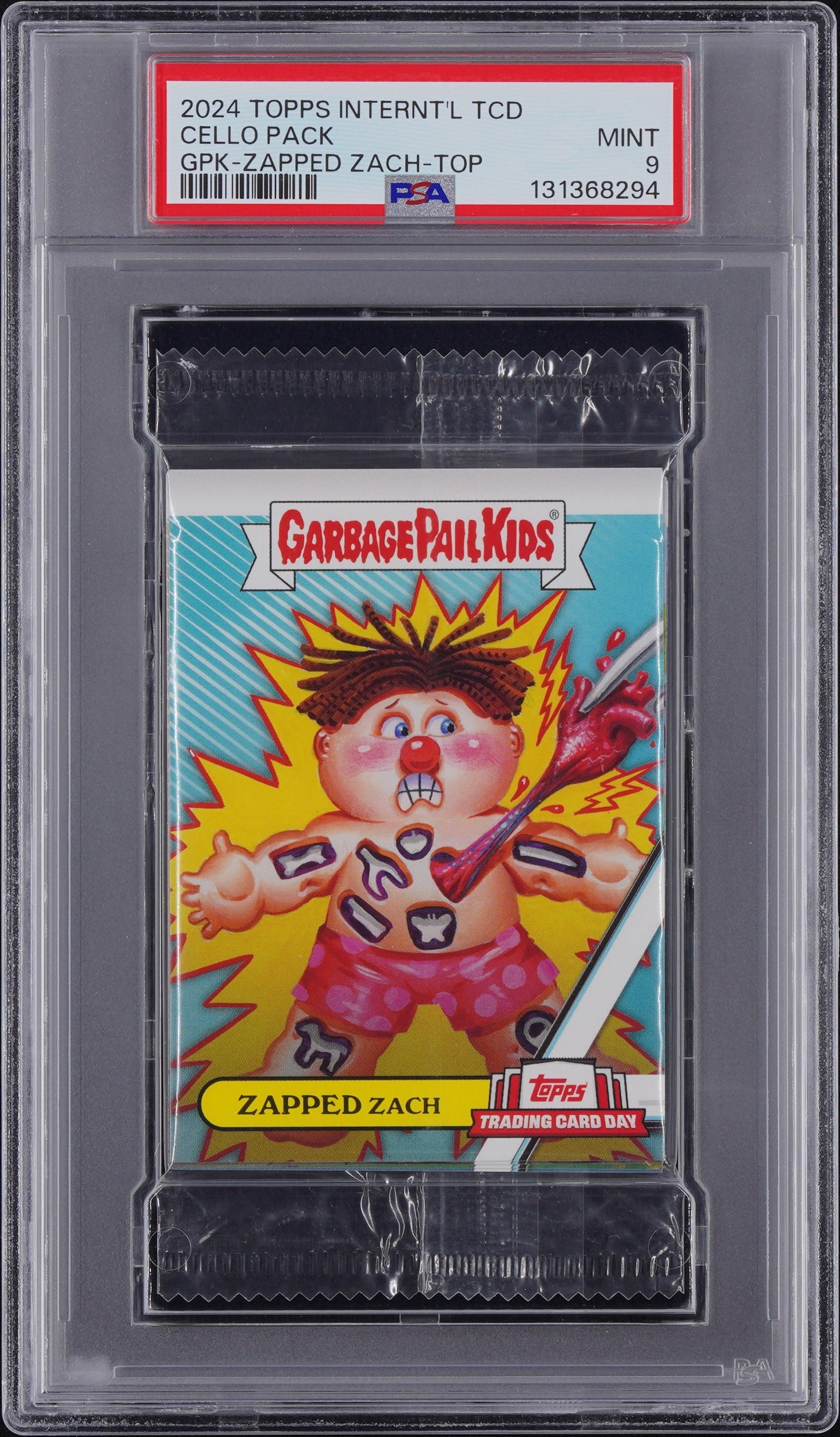 2024 Topps Trading Card Day Garbage Pail Kids Graded Cello Pack - Zapped Zach Top PSA 9