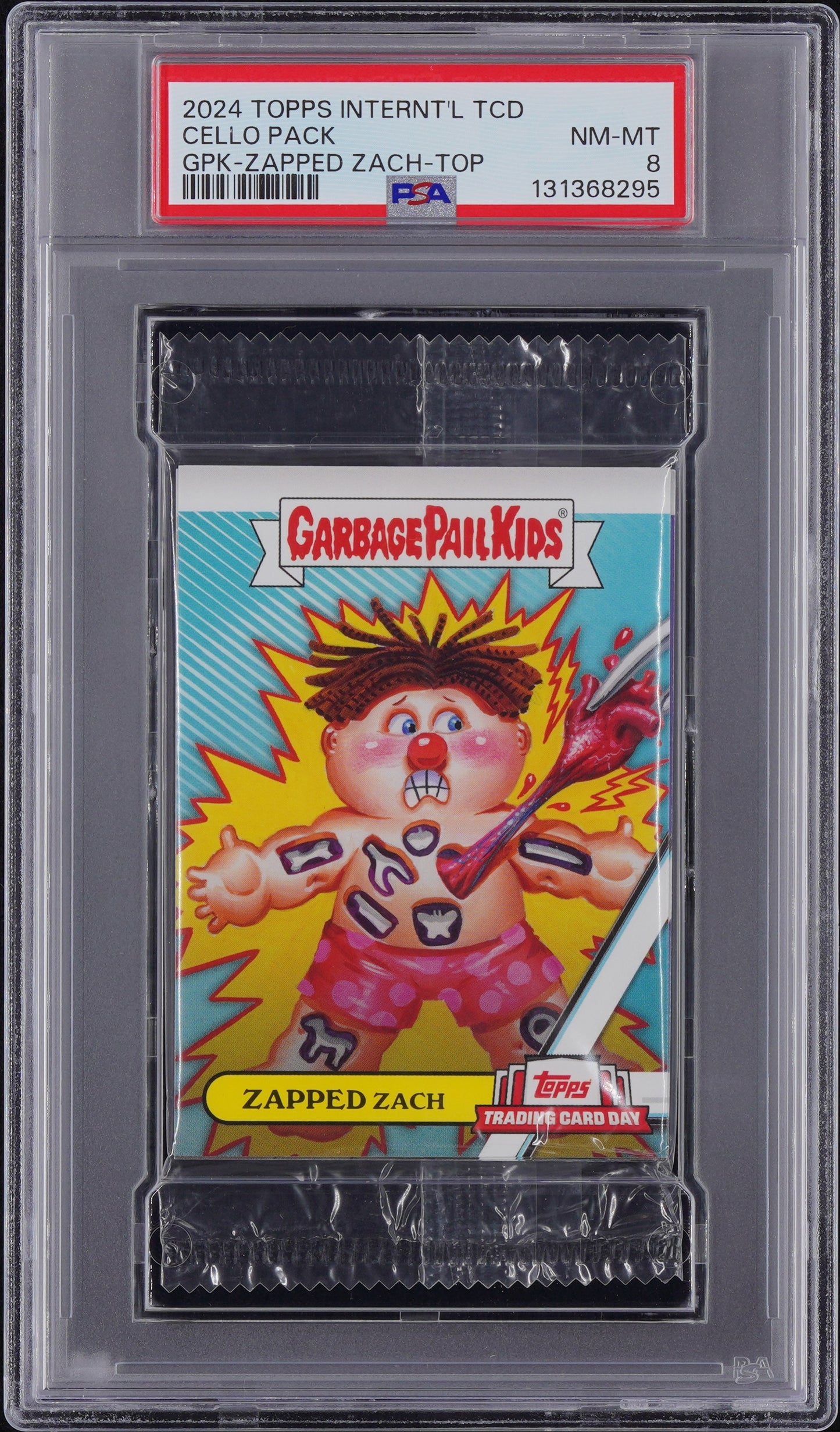 2024 Topps Trading Card Day Garbage Pail Kids Graded Cello Pack - Zapped Zach Top PSA 8