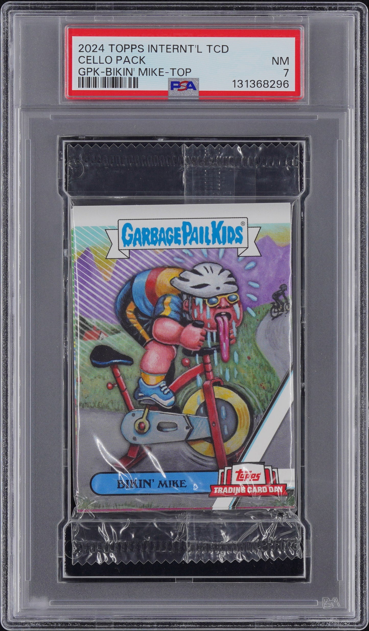 2024 Topps Trading Card Day Garbage Pail Kids Graded Cello Pack - Bikin' Mike Top PSA 7