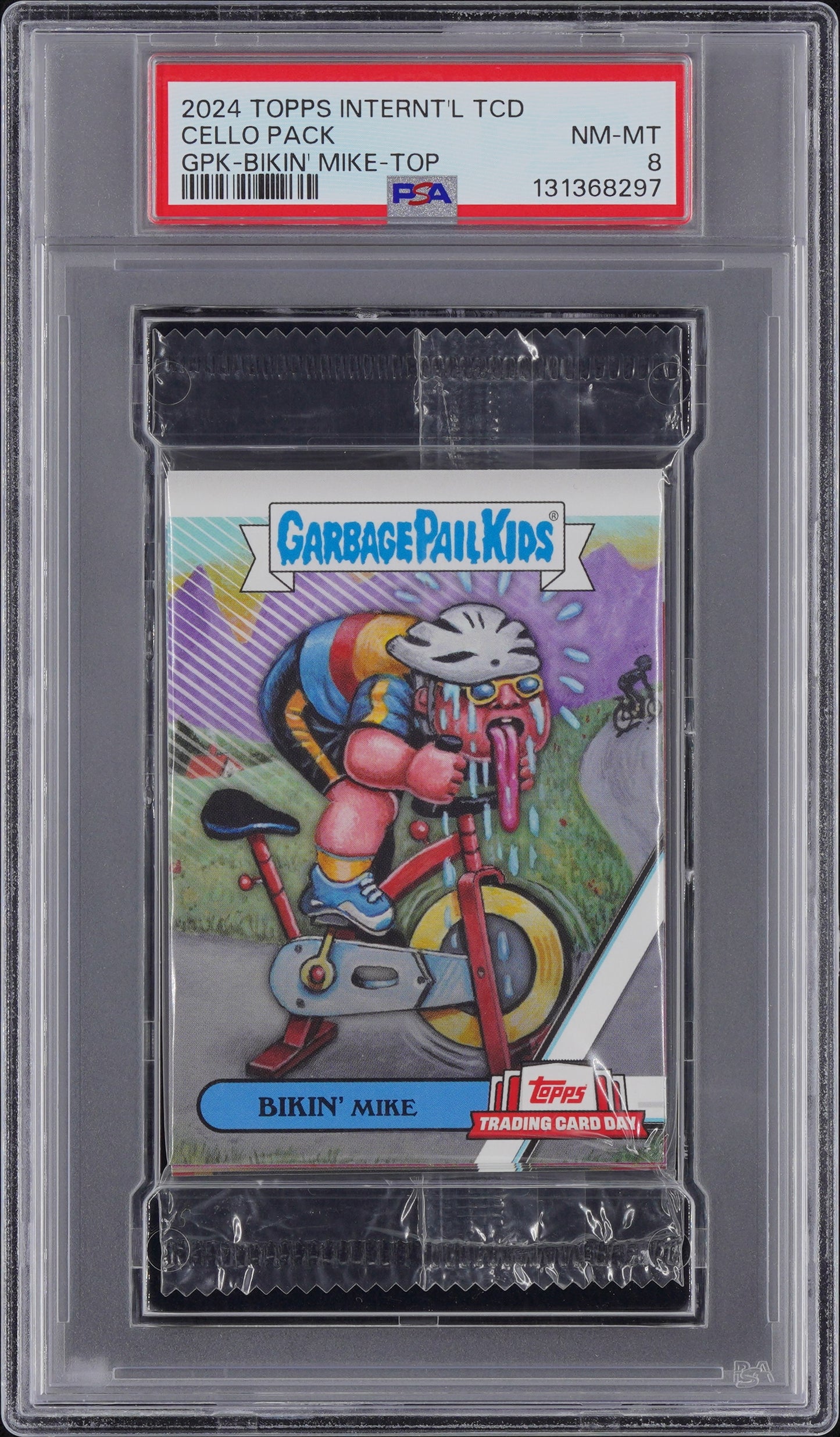 2024 Topps Trading Card Day Garbage Pail Kids Graded Cello Pack - Bikin' Mike Top PSA 8