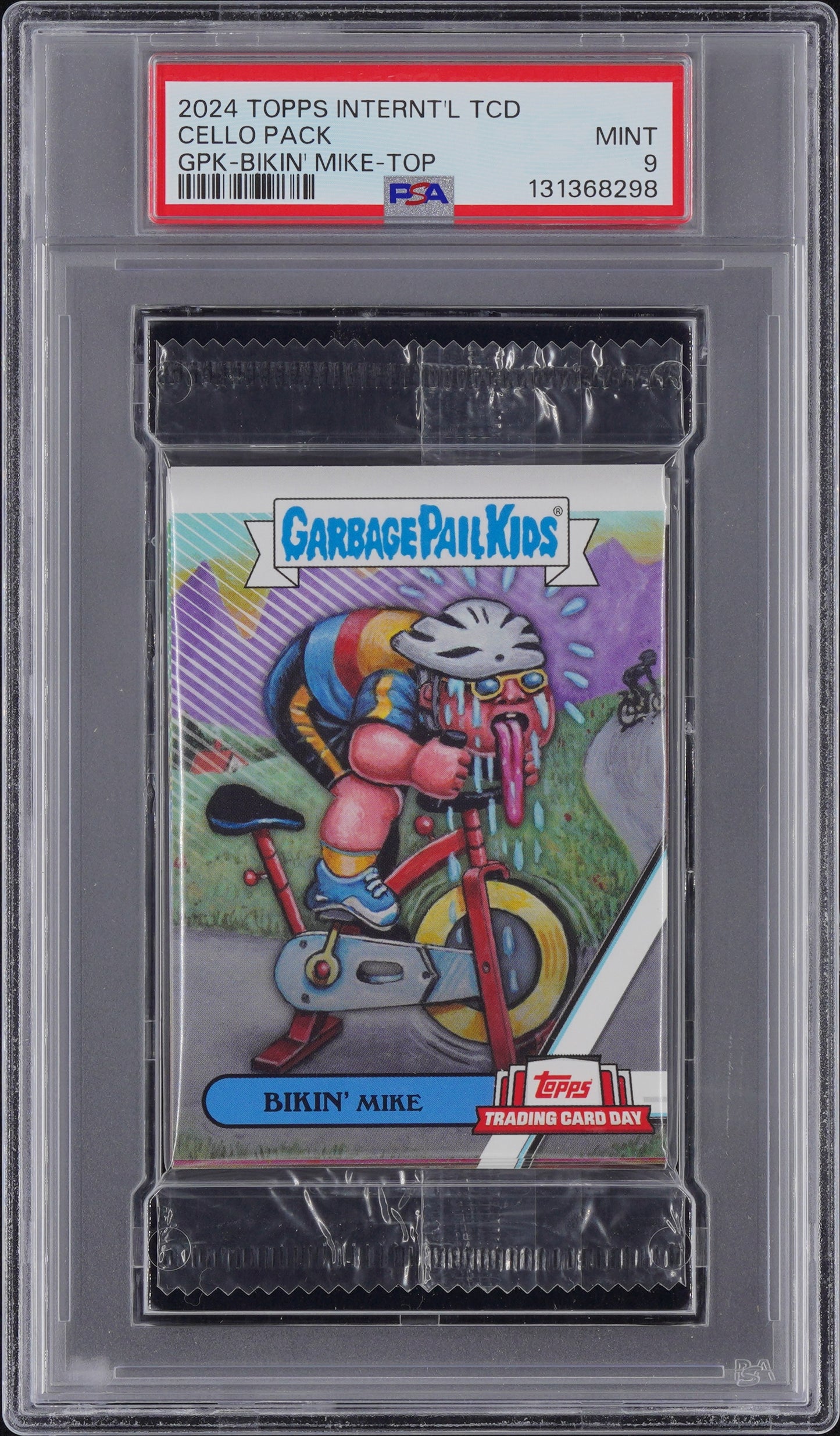 2024 Topps Trading Card Day Garbage Pail Kids Graded Cello Pack - Bikin' Mike Top PSA 9