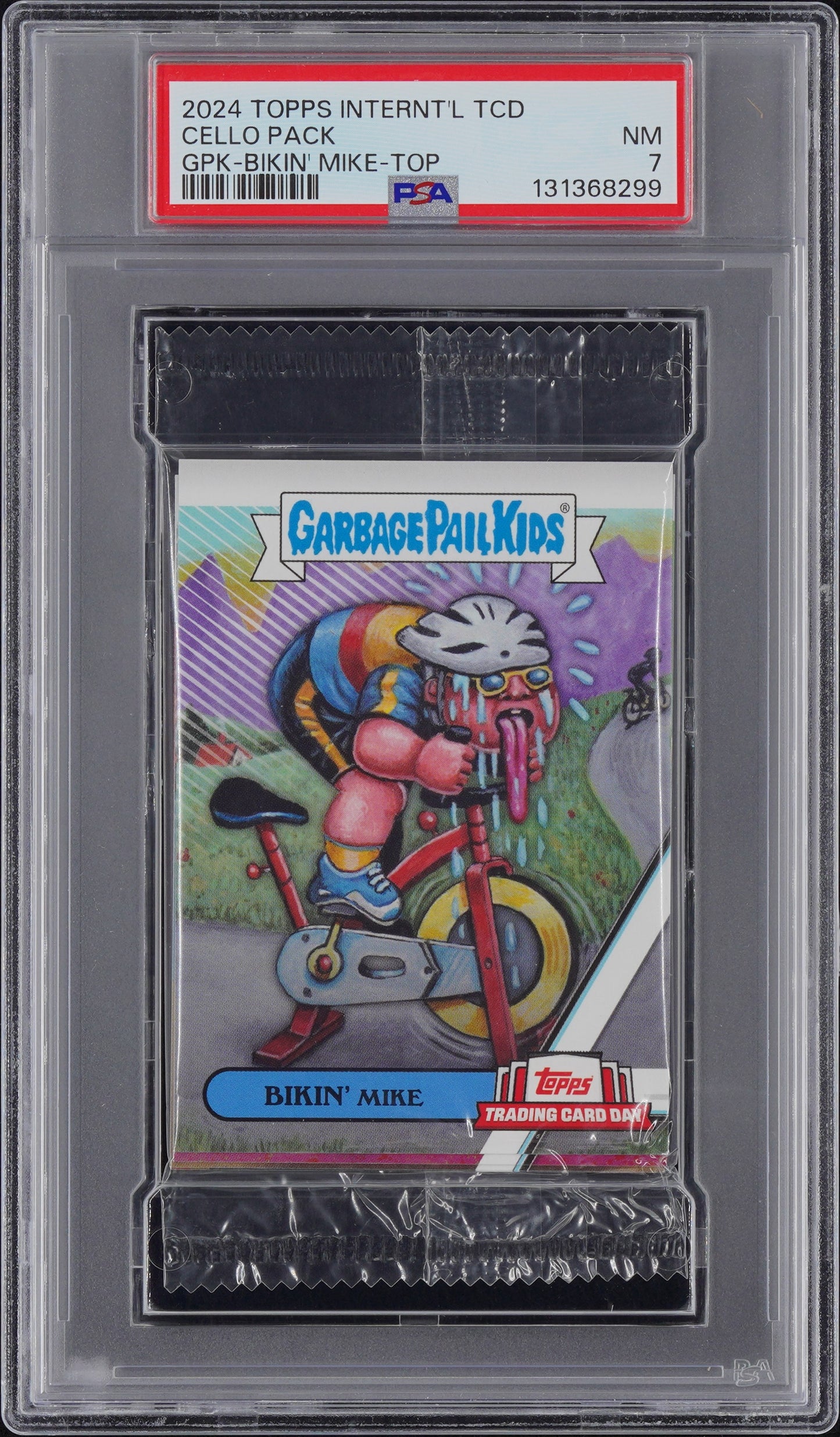 2024 Topps Trading Card Day Garbage Pail Kids Graded Cello Pack - Bikin' Mike Top PSA 7