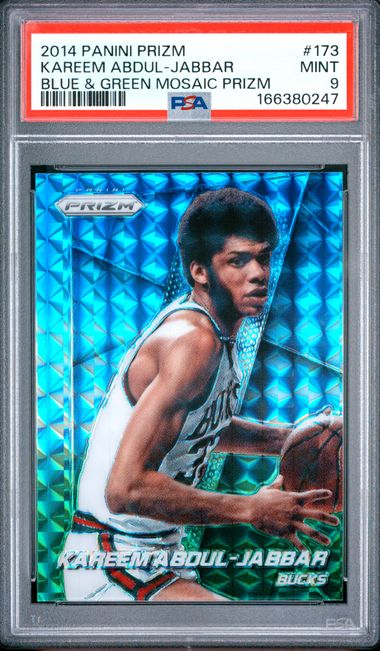 2014 PANINI PRIZM #173 KAREEM ABDUL-JABBAR BLUE & GREEN MOSAIC PRIZM PSA 9 JR9272-116