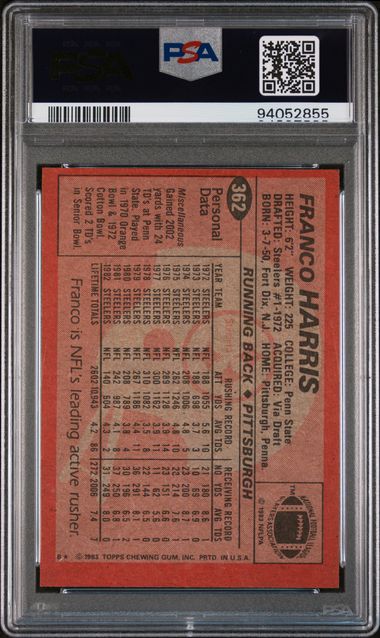 1983 TOPPS #362 FRANCO HARRIS PSA 8 SC2