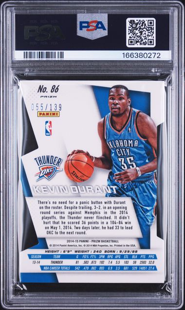 2014 PANINI PRIZM #86 KEVIN DURANT PURPLE DIE-CUT PRIZM PSA 9 JR9272-84