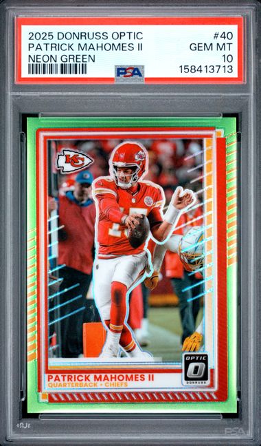 2025 PANINI DONRUSS OPTIC #40 PATRICK MAHOMES II NEON GREEN PSA 10 SC2