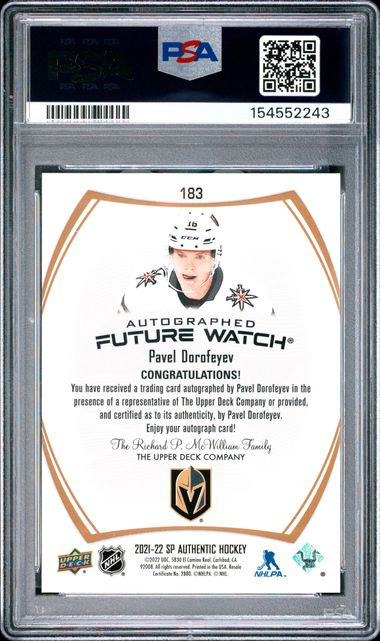 2021 SP AUTHENTIC #183 PAVEL DOROFEYEV AUTO-BLACK WITH GOLD INK PSA 8