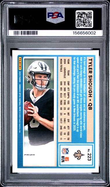 2025 Panini Donruss Optic Tyler Shough Rated Rookie Purple Shock Prizm #223 Saints PSA 10