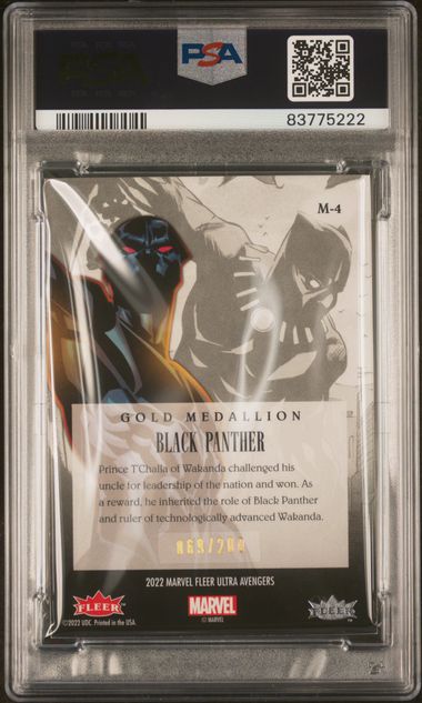 2022 FLEER ULTRA AVENGERS MEDALLIONS #M4 BLACK PANTHER MEDALLIONS-GOLD PSA 9 SC7