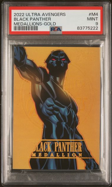2022 FLEER ULTRA AVENGERS MEDALLIONS #M4 BLACK PANTHER MEDALLIONS-GOLD PSA 9 SC7