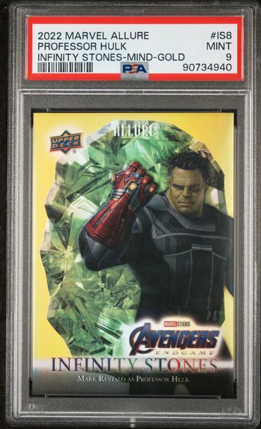2022 UPPER DECK MARVEL ALLURE INFINITY STONES #IS8 PROFESSOR HULK INFINITY STONES-MIND-GOLD PSA 9 SC7